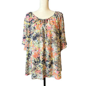 Zac & Rachel Tunic Blouse in Multicolor Floral Print w/Ruffle Sleeve, Size 1X